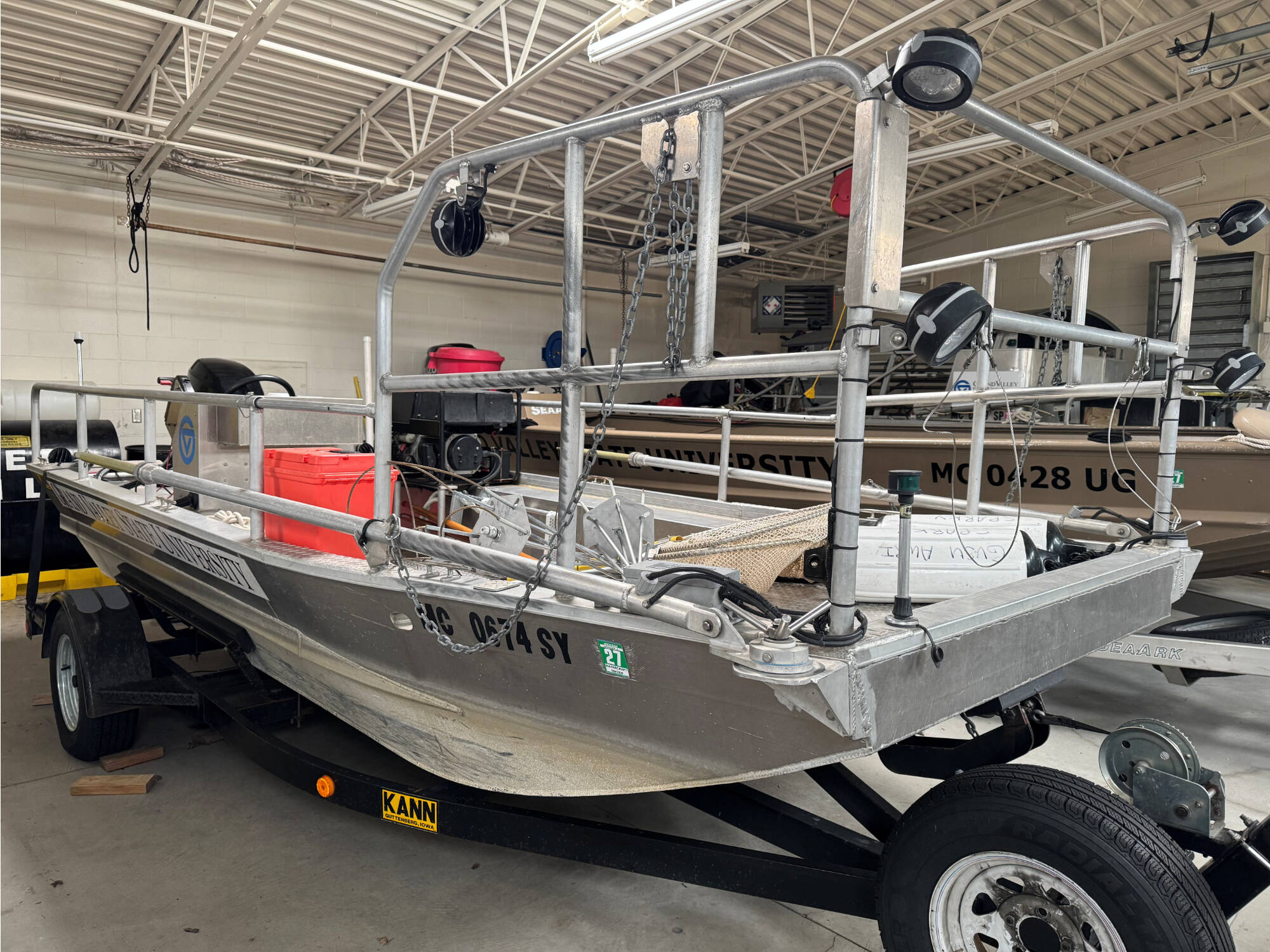 AWRI's electrofishing boat awaiting use in the boat garage.